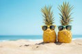 Hipster pineapples couple with sunglasses on a sandy at tropical beach. empty space, banner Royalty Free Stock Photo