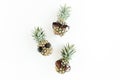 Hipster pineapples in glasses on white background. Flat lay, top view