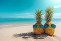 Hipster pineapples couple with sunglasses on a sandy at tropical beach. empty space, banner Royalty Free Stock Photo