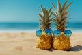 Hipster pineapples couple with sunglasses on a sandy at tropical beach. empty space, banner Royalty Free Stock Photo