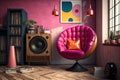 hipster pink armchair in eclectic room with vinyl record player and vinyl records