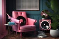 hipster pink armchair in eclectic room with vinyl record player and vinyl records