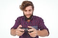 Hipster playing video game