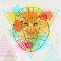 Hipster polygonal animal lion on watercolor background