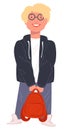 Hipster pupil wearing glasses holding satchel, schoolboy vector