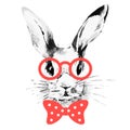 Hipster rabbit. Hand drawn watercolor sketch portrait Royalty Free Stock Photo