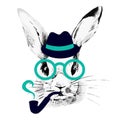 Hipster rabbit. Hand drawn watercolor sketch portrait Royalty Free Stock Photo