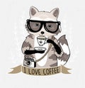 Hipster raccoon vector illustration. Raccoon with coffee and glasses.