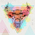 Hipster realistic animal bull on artistic polygon watercolor background