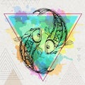 Hipster realistic koi fish illustration on artistic polygon watercolor background. Pisces zodiac sign