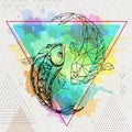 Hipster realistic and polygonal koi fish illustration on artisticwatercolor background. Pisces zodiac sign