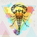 Hipster realistic scorpion illustration on artistic polygon watercolor background. Scorpio zodiac sign