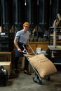 Roastery worker standing with sacks with coffee beans uploading. Royalty Free Stock Photo