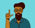 The hipster with round glasses held up a finger