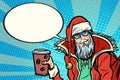 Hipster Santa Claus with coffee says