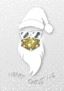 Hipster Santa Claus head wears fashion glitter surgical mask and white mirrored sunglasses. Merry Christmas Santa logo design Royalty Free Stock Photo