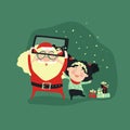 Hipster santa claus and little girl selfie with smartphone for merry christmas