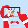 Hipster santa claus and reindeer selfie with smartphone for merry christmas vector. illustration EPS10. Royalty Free Stock Photo