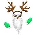 Hipster santa face mask in sunglasses with antlers headband red nose long beard and mittens. Christmas costume clipart Royalty Free Stock Photo
