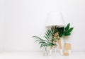 Hipster Scandinavian style room interior. Nordic lamp with tropical leaves.