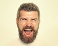 Hipster with scared face screaming. Feeling and emotions. Man with long beard and mustache. Royalty Free Stock Photo