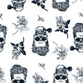 Hipster seamless pattern with skulls silhouettes, flowers roses. Sculls in vintage engraving style. Mustache, beard Royalty Free Stock Photo