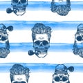 Hipster seamless pattern with skulls silhouettes watercolor stripes at the background. Royalty Free Stock Photo