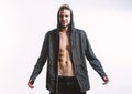 Hipster sexy muscular torso take off clothes. Seductive macho feeling sexy. Unleashed desire. Attractive sexy body Royalty Free Stock Photo