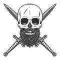 Hipster skull with mustache and beard and crossed sword Isolated on white background monochrome illustration Royalty Free Stock Photo