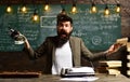 Hipster is solving math exam, Conference training planning learning business coaching concept, Desire to help should be