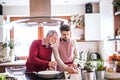 Hipster son with his senior father cooking in the kitchen.