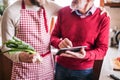 Hipster son with his senior father with tablet in the kitchen. Royalty Free Stock Photo