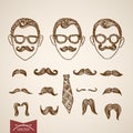 Hipster style faces mustache constructor engraving retro