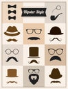 Hipster style mustache hat sunglasses vector set