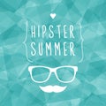 Hipster summer. Glasses and moustache icons. Polygonal background. Vector illustration, flat design