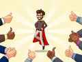 Hipster superhero businessman with many thumbs up and clapping hands