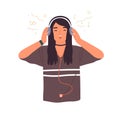 Hipster teenage girl singing and listening to music in headphones, using mp3 player vector flat illustration. Teen