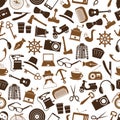 Hipster theme and culture set of vector icons in seamless brown pattern eps10