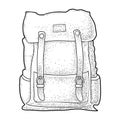 Hipster tourist backpack. Front view. Vector black vintage engraving