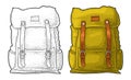 Hipster tourist backpack. Front view. Vector color vintage engraving