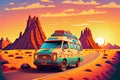 hipster tourist bus in the desert illustration. Generative AI