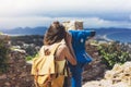 Hipster tourist look observant binoculars telescope on panoramic view, lifestyle concept trip, traveler with backpack on backgroun Royalty Free Stock Photo