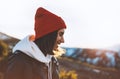 Hipster tourist smile and happy on background sun flare nature, young girl laugh enjoy journey landscape vacation trip, lifestyle