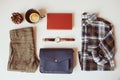 hipster or traveller woman casual fashion set flat lay. Plaid shirt, blue cross body bag and khaki pants