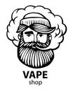 Hipster with vape and cloud. isolated vaper men on black vector background. Hand-drawn hipster dude with mustache and Royalty Free Stock Photo