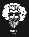 Hipster with vape and cloud. isolated vaper men on black vector background. Hand-drawn hipster dude with mustache and