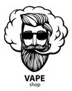 Hipster with vape and cloud. isolated vaper men on black vector background. Hand-drawn hipster dude with mustache and Royalty Free Stock Photo