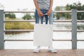 hipster woman with white tote bag in the park