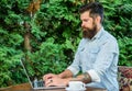 Hipster work freelance outdoors with notebook. Blogger create post while enjoy coffee. Man bearded manager entrepreneur