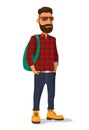 Hipster in the yellow shoes and a red plaid shirt. Vector flat illustration on white background